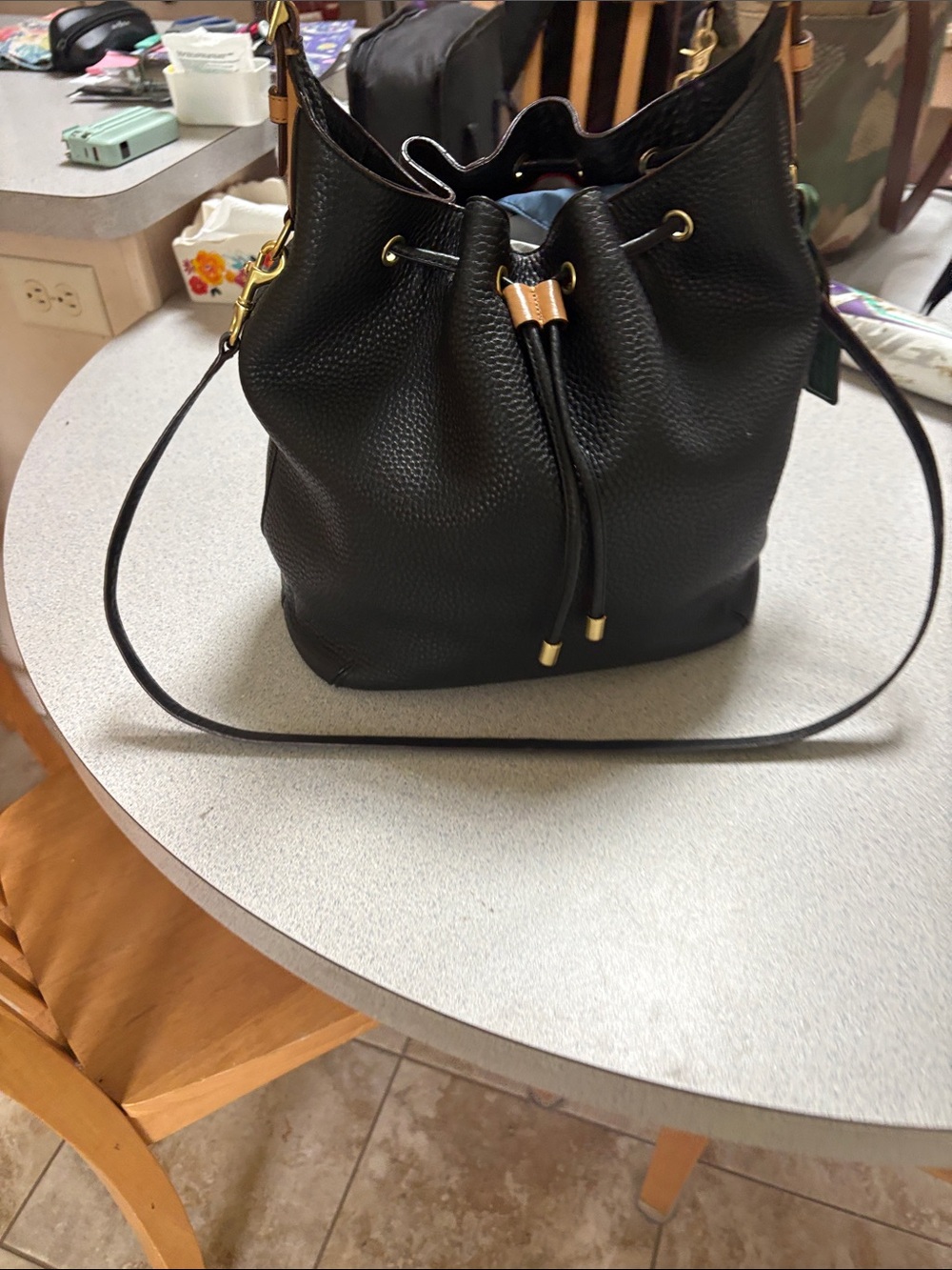 Coach Black Pebbled Leather Drawstring Bucket Bag with Tan Accents